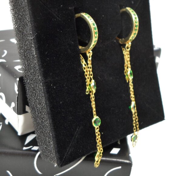 GABI RIELLE 14K Gold-Plated Sterling Emerald Crystal Dangle Pave Huggie Earrings - Picture 5 of 13